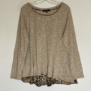 B. L. E. U. Top Womens Medium Leopard Embelished Sheer Boho Hi Lo Casual Nice M